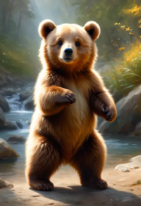 a cute bear greets the viewer, pierre＝art by auguste renoir and jeremy mann, (viewpoint angle:1.2), realistic, ray tracing, beau...