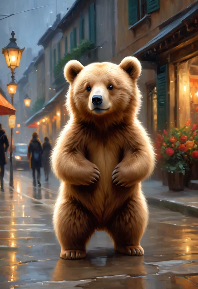 A cute bear greets the viewer, Pierre＝Art by Auguste Renoir and Jeremy Mann, (Viewpoint angle:1.2), Realistic, Ray Tracing, Beautiful lighting,masterpiece,National Geographic,Emphasis on realism,Blurred Background