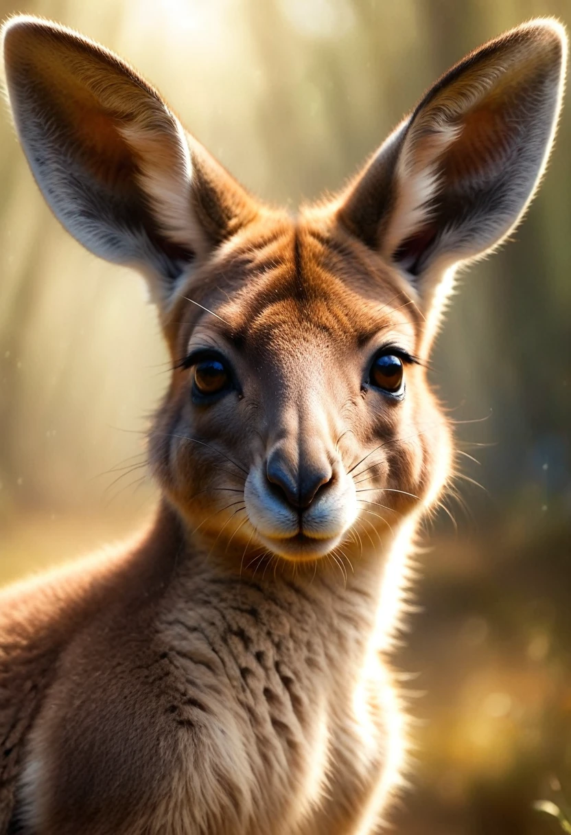 A cute Kangaroo greets the viewer, Pierre＝Art by Auguste Renoir and Jeremy Mann, (Viewpoint angle:1.2), Realistic, Ray Tracing, Beautiful lighting,masterpiece,National Geographic,Emphasis on realism,Blurred Background