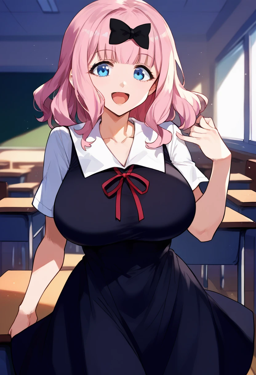 score_9, score_6_up, source_anime, 1girl, solo, classroom, cowboy shot, chika, blue eyes, pink hair, hair bow, black bow, black dress, white sailor collar, neck ribbon, red ribbon, short sleeves, white shirt, smile, open mouth, huge breasts 