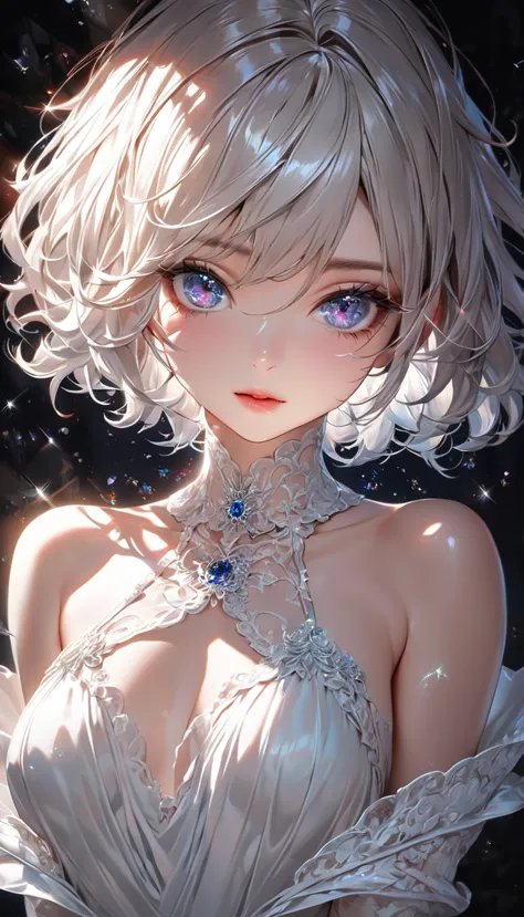 cool beauty, white glossy silky messy wavy short hair, make up, amorous and lewd expression, captivating eyes, break wearing whi...