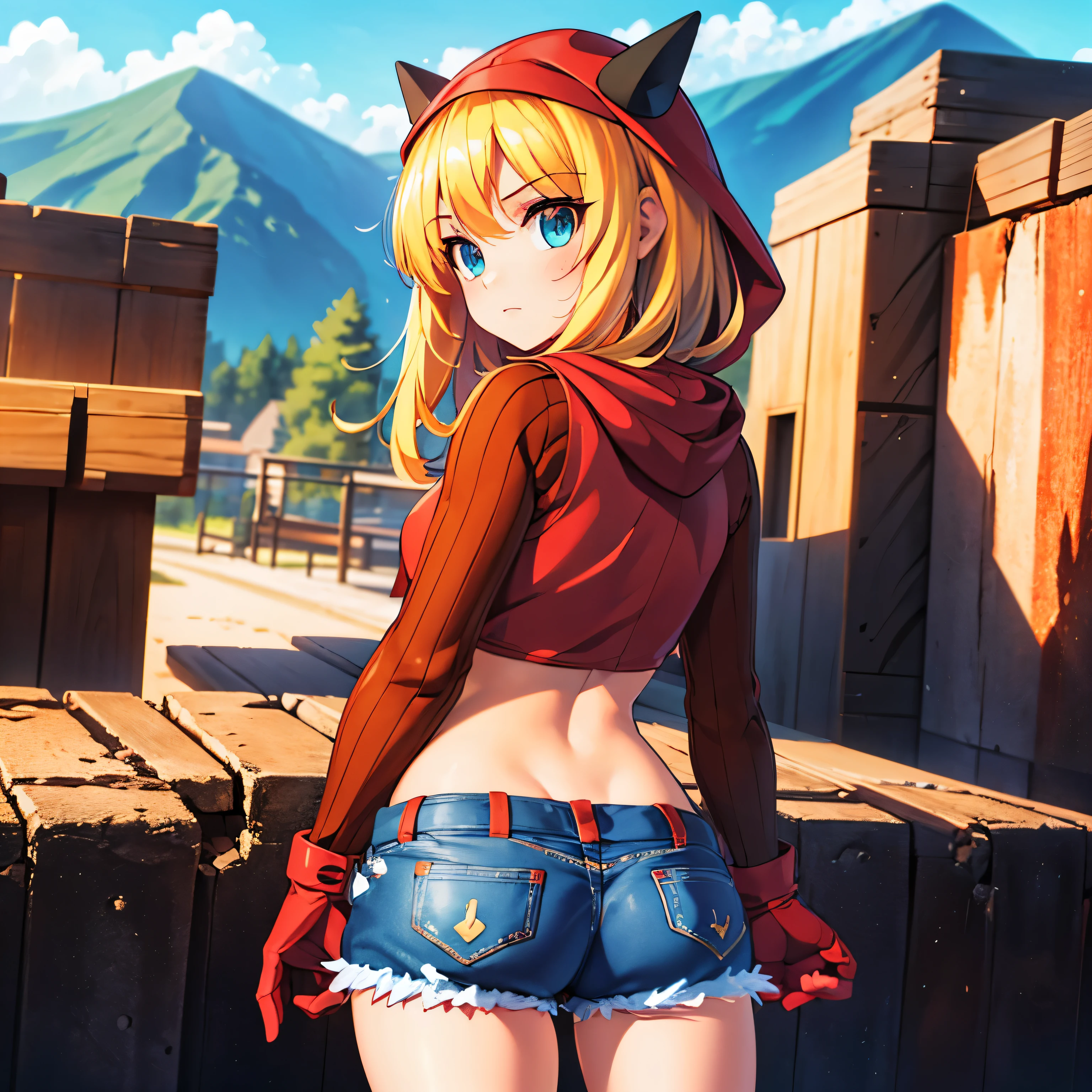 (insanely detailed, beautiful detailed face, masterpiece, best quality), ((masterpiece)),((best quality)),(highres), bokeh, looking at viewer, solo, 1girl, cowboy shot, pkmntmg, fake horns, hoodie, red shorts, gloves, red boots, small breasts, blonde hair, blue eyes, sourin, (((ass, looking from back, view from back, from back, from behind)))