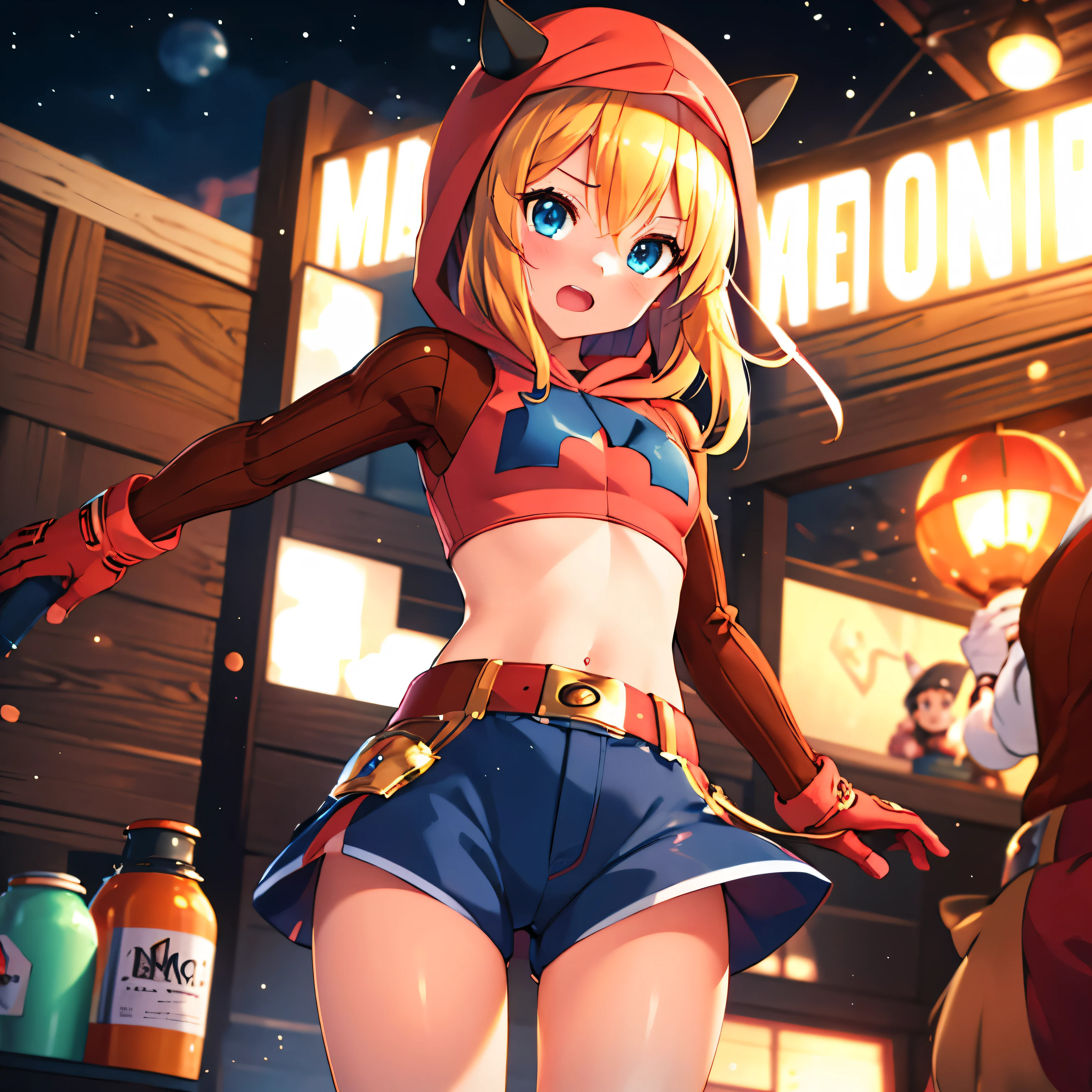 (insanely detailed, beautiful detailed face, masterpiece, best quality), ((masterpiece)),((best quality)),(highres), bokeh, looking at viewer, solo, 1girl, cowboy shot, pkmntmg, fake horns, hoodie, red shorts, gloves, red boots, small breasts, blonde hair, blue eyes, sourin, 