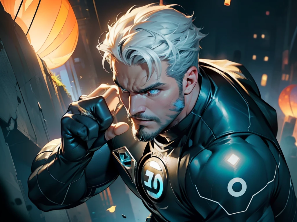 An award-winning original photo, angry roar, A wild muscular man, (30 years old man:1.3), 1boy, Solo, (wearing a (silver lantern) metal suit), (glowing silver ring on a finger), spikes, neon stripes, white hair, (big shoulder), muscular, hunk, stubbles, Short beard, (Detailed face:1.3), (beautiful eyes:1.2), really angry, Dynamic Angle, volumetric lighting, (Best quality, A high resolution, Photorealistic), Cinematic lighting, Masterpiece, RAW photo, Intricate details, hdr, depth of field, upper body shot, gas giant background