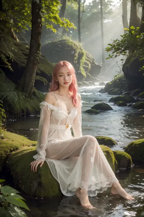 rose from blackpink, pink hair, (full body), wearing medieval long cotton nightie clothes, sitting on a rock, feet in the water,...