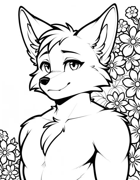 lineart, masterpiece, superlative, fox ears, male , solo, bust closeup, flower line drawing background, white background, monochrome, line drawing,