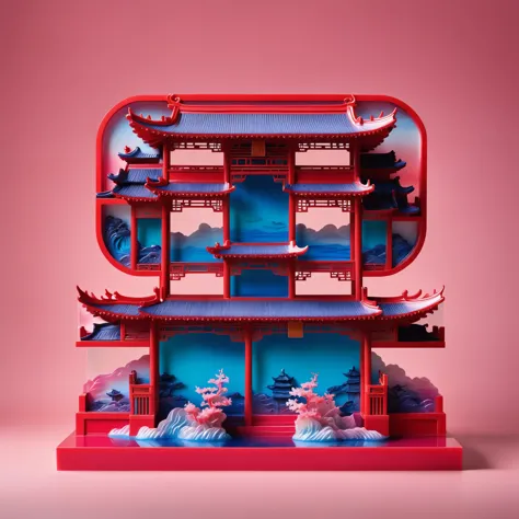 Pink polyurethane plastic model: Red and blue temple，Translucent water style, Fun illustrations, red, Subtle color gradient, Fun, Dreamlike scene, Chinese Punk, Rococo Art and Design, Sublimation of form