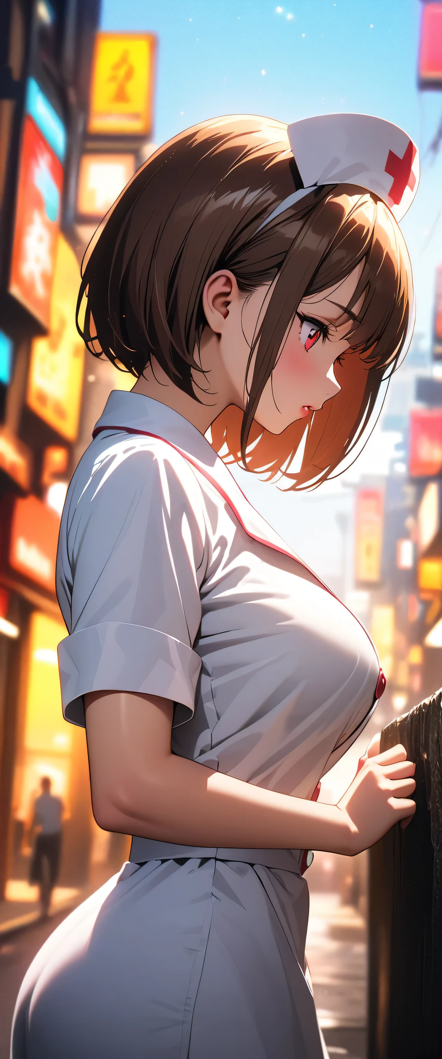 (beautiful girl: 1.3),1girl,masterpiece,Highest quality,Ultra-high resolution,rich contrast,super high quality,8k,Highly detailed CG unit wallpaper,texture,Incredibly absurd,RAW Photos,Highest quality anime,Depth of Field 1.2,Ultra-detailed eyes,Glowing Skin,Glitter effect,Beautiful glossy lips,(Brown Hair,Sharp Bob),Red Eyes,wide-eyed,nurse uniform,Embarrassing,white nurse uniform,Large Breasts,Big Round Ass,(profile:1.5),She has a syringe