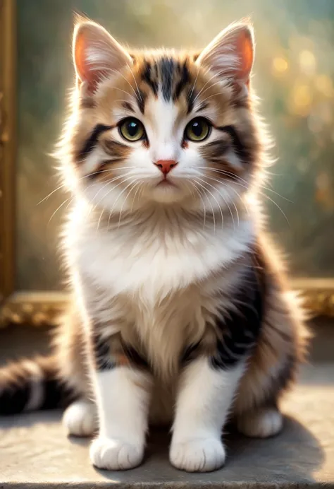 a cute cat greets the viewer, pierre＝art by auguste renoir and jeremy mann, (viewpoint angle:1.2), realistic, ray tracing, beaut...