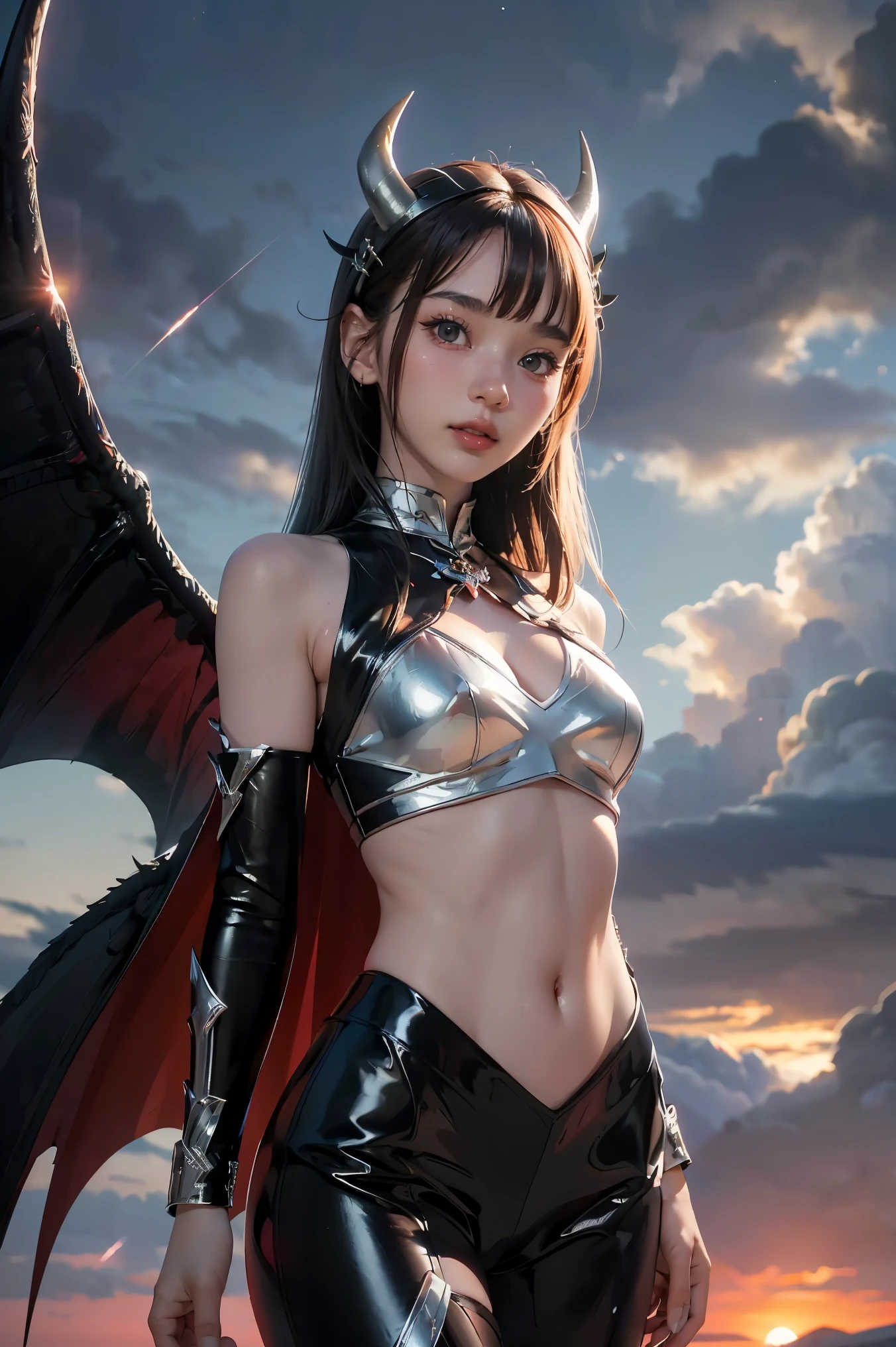 ((masterpiece, best quality, extremely detailed), volumetric lighting, ambient occlusion, colorful, glowing), 1girl, solo, young girl, (dark hair), long hair, horns, aura, devilish, goddess, cleric suit, (black outfit with silver detailst:1.3), devil wings, outdoors, sunset, sky, clouds, space, (fantasy theme:1.2),