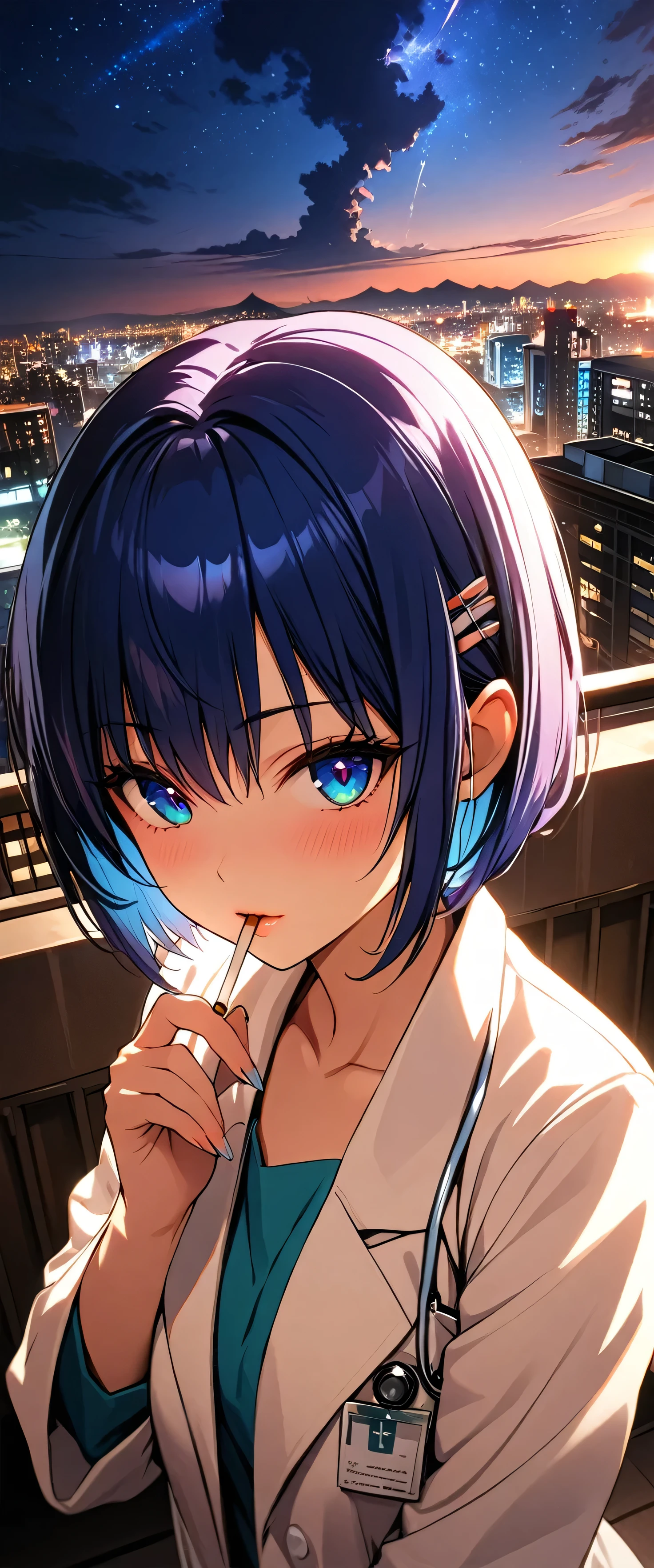 (beautiful girl: 1.3),1girl,masterpiece,Highest quality,Ultra-high resolution,rich contrast,super high quality,8k,Highly detailed CG unit wallpaper,texture,Incredibly absurd,RAW Photos,Highest quality anime,Depth of Field 1.2,Ultra-detailed eyes,Glowing Skin,Glitter effect,Beautiful glossy lips,(Blue Hair,Short Hair),woman doctor,((doctor’s coat)),Hospital rooftop,night,overlooking,(magnificent panorama view:1.3),Smoking a cigarette,shaded face,((Haruna Sairenji))