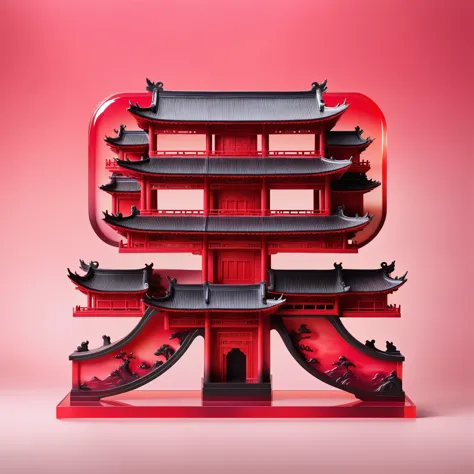 Pink polyurethane plastic model: Red and black temple，Translucent water style, Fun illustrations, red, Subtle color gradient, Fun, Dreamlike scene, Chinese Punk, Rococo Art and Design, Sublimation of form