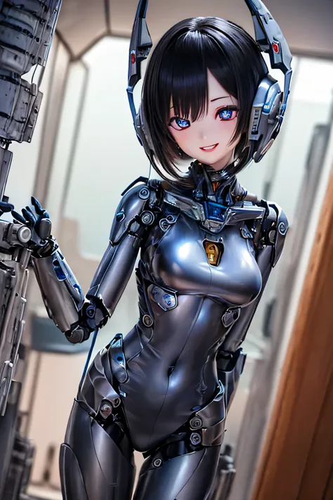 (SFW:2), photorealistic, realistic photo, 8k, Canon EOS, ((highest quality)), ((masterpiece)), (extremely detailed), kukolnydom, doll, mecha musume, ((mechanical parts, mechanical legs, robot joints)), bodysuit, (headgear), (cowboy shot, spaceship room, mature woman, 23yo, 23_years_old, solo:1.6), (acrobatic pose, smile, parted lips, black hair, lob, medium breasts, glass eyes, shining eyes, detailed eyes:1.3)