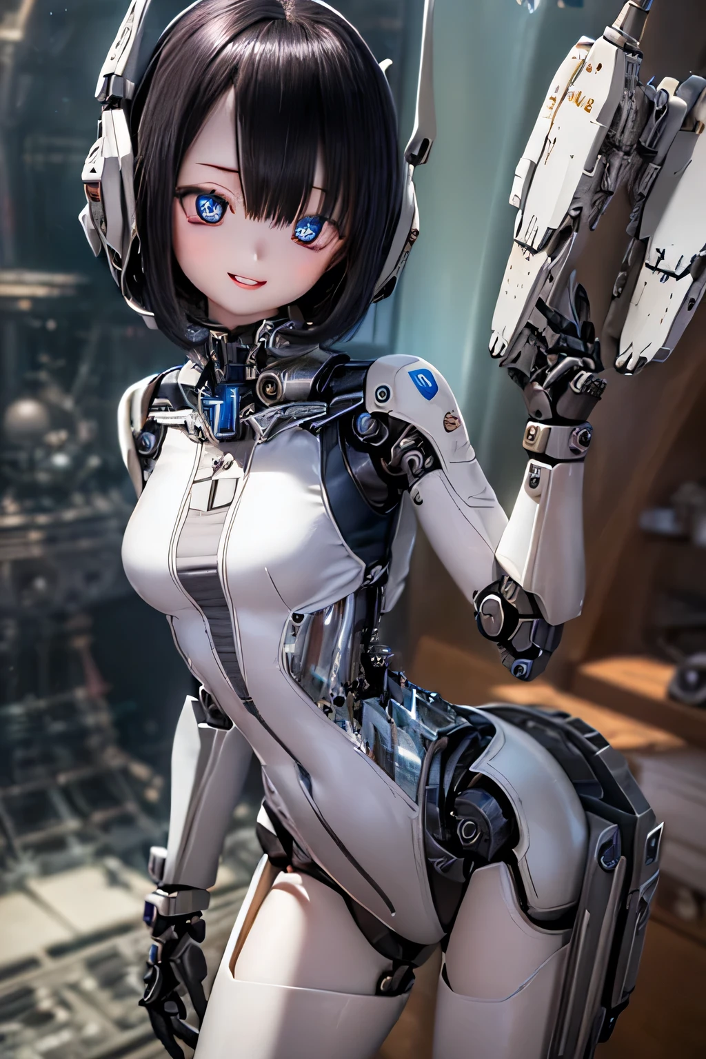 (SFW:2), photorealistic, realistic photo, 8k, Canon EOS, ((highest quality)), ((masterpiece)), (extremely detailed), kukolnydom, doll, mecha musume, ((mechanical parts, mechanical legs, robot joints)), bodysuit, (headgear), (cowboy shot, spaceship room, mature woman, 23yo, 23_years_old, solo:1.6), (acrobatic pose, smile, parted lips, black hair, lob, medium breasts, glass eyes, shining eyes, detailed eyes:1.3)