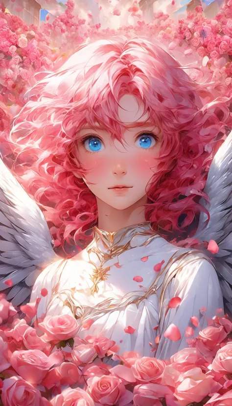 masterpiece、best quality、beautiful anime angel with pink hair and blue eyes surrounded by rose petals