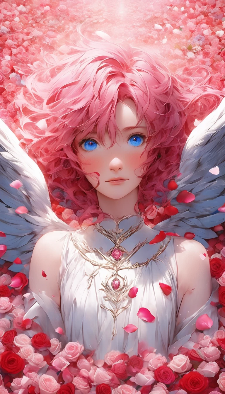 masterpiece、Best Quality、Beautiful anime angel with pink hair and blue eyes surrounded by rose petals