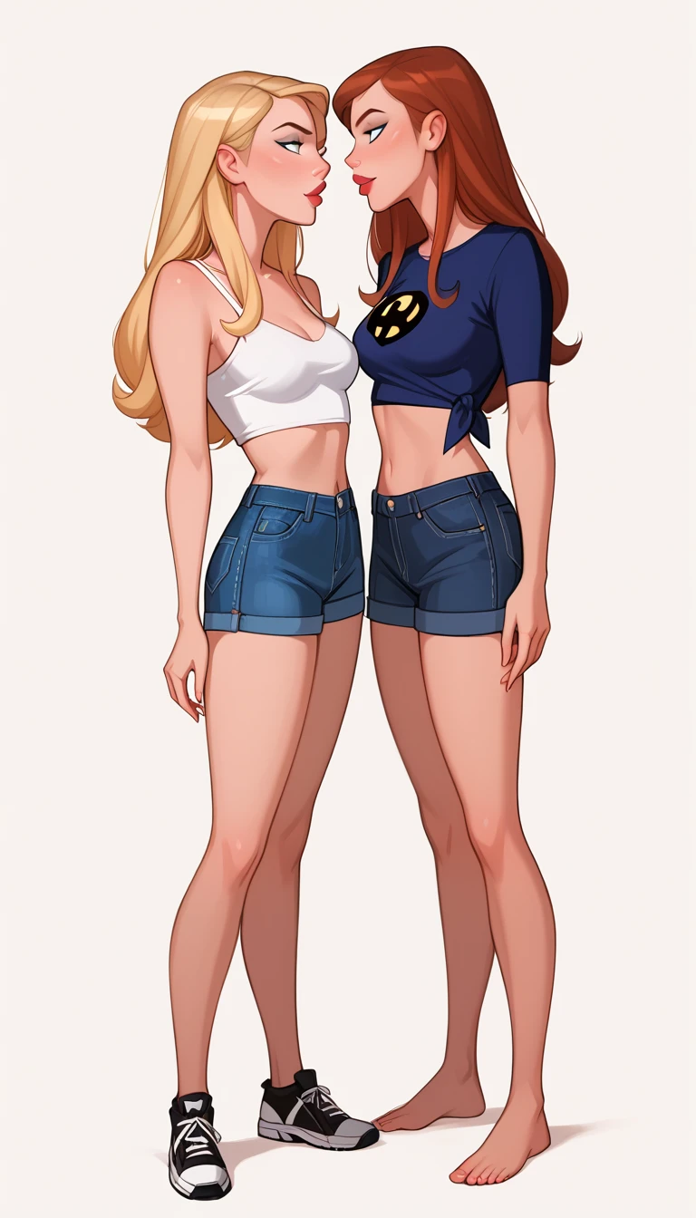 score_9, score_8_up, score_7_up, dcaustyle, source_cartoon, 2girls, duo, (Kara Zor-El, blonde:1.3) and (Barbara Gordon, reddish brown hair:1.2), wearing sexy casual clothes, midriff, flirt, gaze, sexy look, half-closed eyes, head tilt, filled lips, thick lips, makeup, side view, (full bodies in view) expressiveh d4rk01l, perfect hands, perfect proportions, simple background.