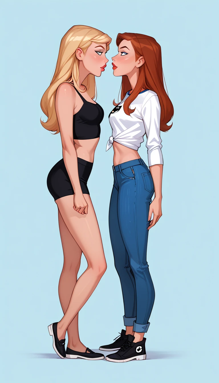 score_9, score_8_up, score_7_up, dcaustyle, source_cartoon, 2girls, duo, (Kara Zor-El, blonde:1.3) and (Barbara Gordon, reddish brown hair:1.2), wearing sexy casual clothes, midriff, flirt, gaze, sexy look, half-closed eyes, head tilt, filled lips, thick lips, makeup, side view, (full bodies in view) expressiveh d4rk01l, perfect hands, perfect proportions, simple background.