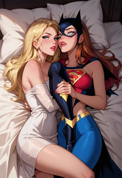 score_9, score_8_up, score_7_up, dcaustyle, 2girls, duo, couple, yuri, (supergirl, blonde:1.3) and (batgirl, reddish brown hair:...