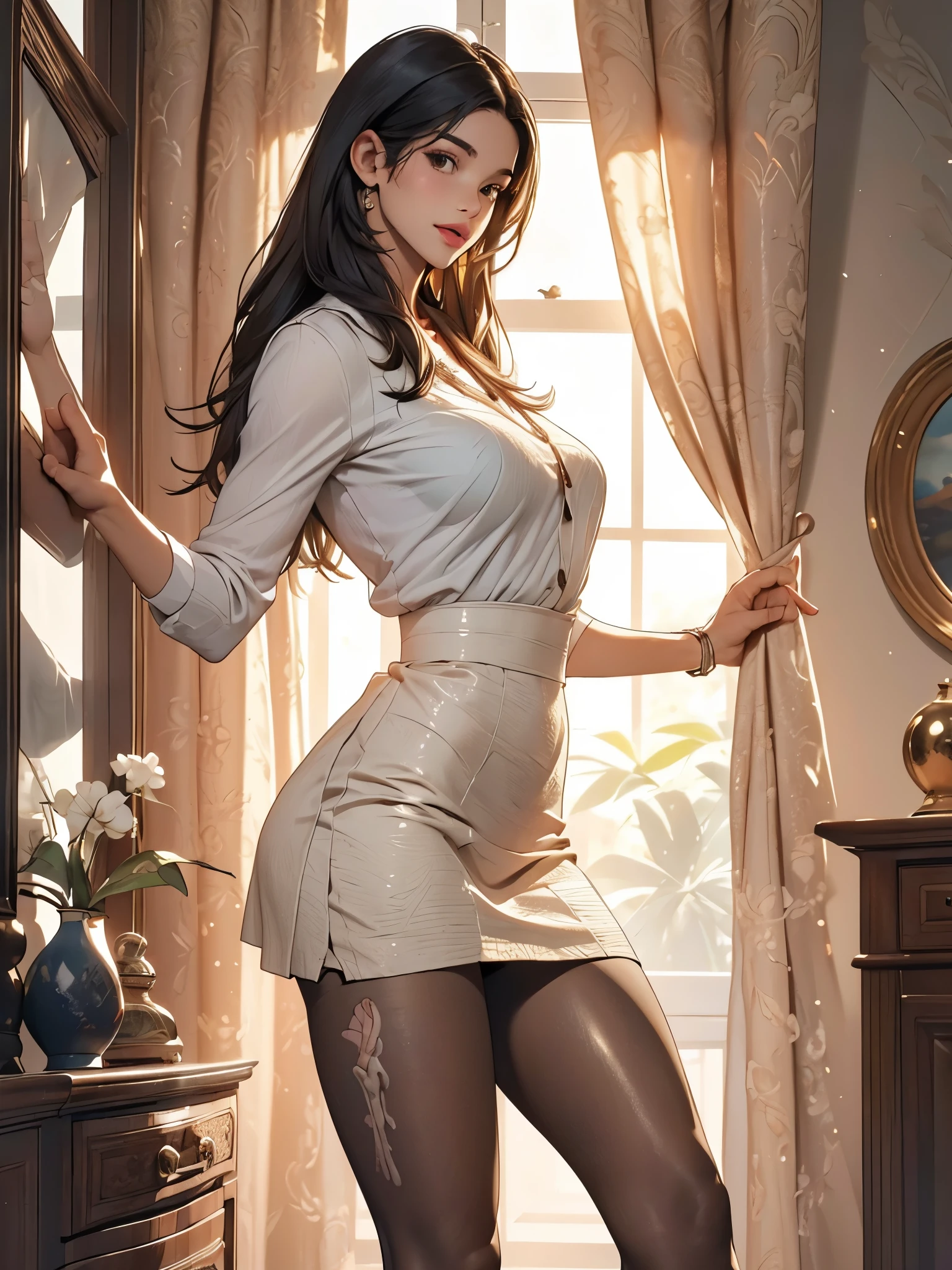 1 female, Private room, Put your feet on the stepping stool, Beautiful feet, Slender legs, Put your toes on the step, Wearing stockings, Large Breasts, Shiny long black hair, Tongue out, Standing with body bent, Tight skirt, White blouse, A room with closed curtains, Side view, ((Anatomically correct, UHD, masterpiece:1.2, textured skin:1.3, high details:1.1, best quality, highres:1.3))