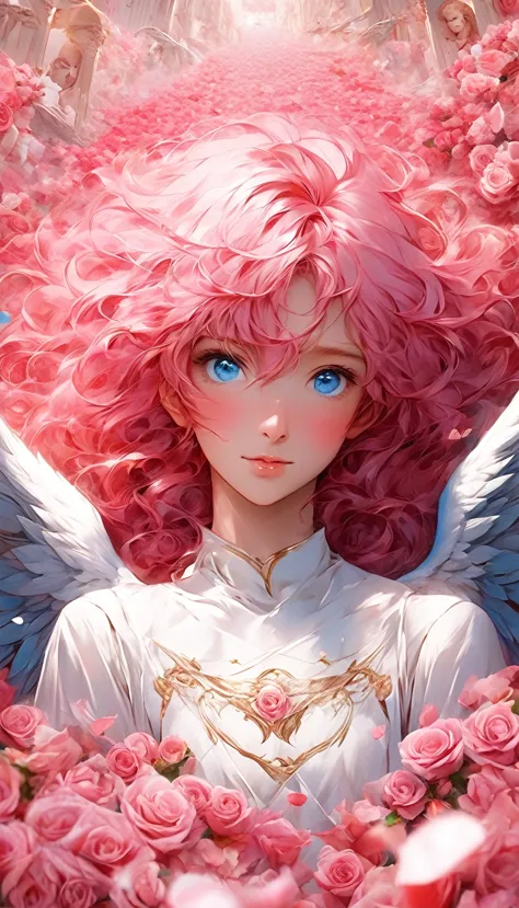 masterpiece、best quality、beautiful anime angel with pink hair and blue eyes surrounded by rose petals