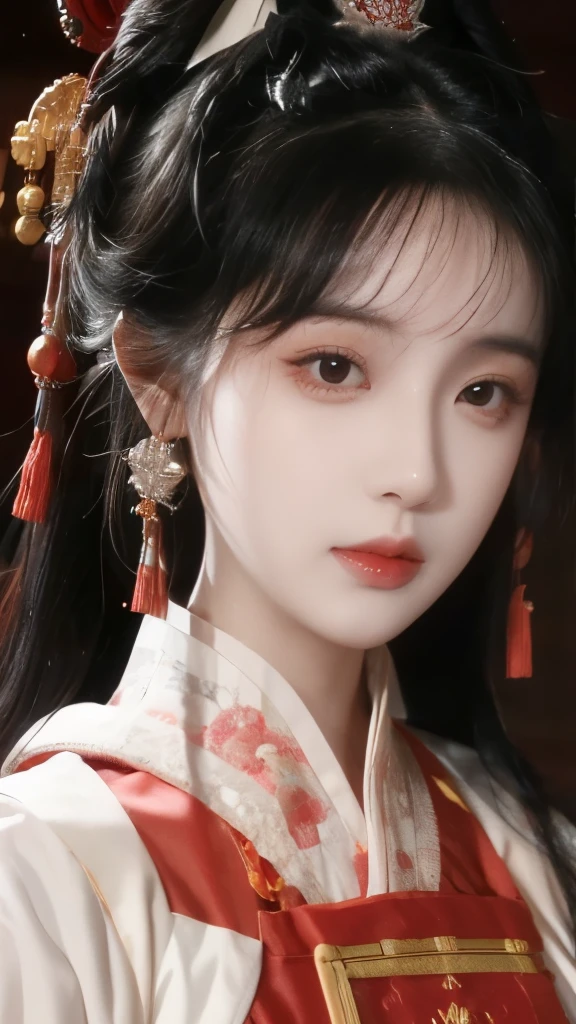 Hanfu，palace，穿Hanfu的女孩，Wearing ancient Chinese clothing，Traditional Chinese Clothing，Ancient Chinese Clothing，Ancient Chinese Princess，Chinese，Half-exposed shoulders，Beth，(masterpiece),(Best quality:1.1),(Very detailed),Best Illustration,Fine details,(portrait:1.1),(Intense close-up)，(Extremely delicate and beautiful face），Frontal，