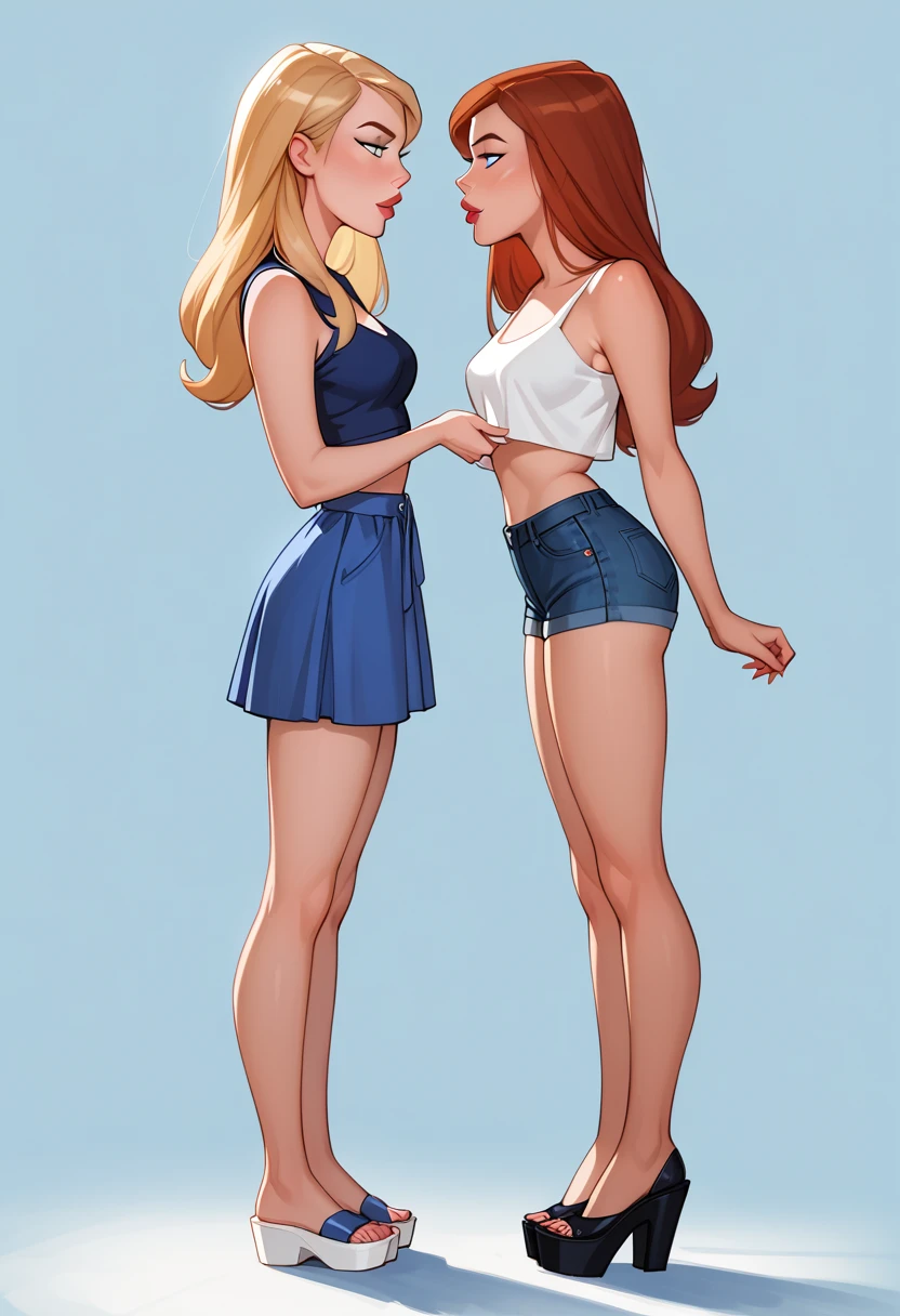 score_9, score_8_up, score_7_up, dcaustyle, source_cartoon, 2girls, duo, (Kara Zor-El, blonde:1.3) and (Barbara Gordon, reddish brown hair:1.2), wearing sexy casual clothes, midriff, wedge, flirt, gaze, sexy look, half-closed eyes, head tilt, filled lips, thick lips, makeup, side view, (full bodies in view) expressiveh d4rk01l, perfect hands, perfect proportions, simple background.