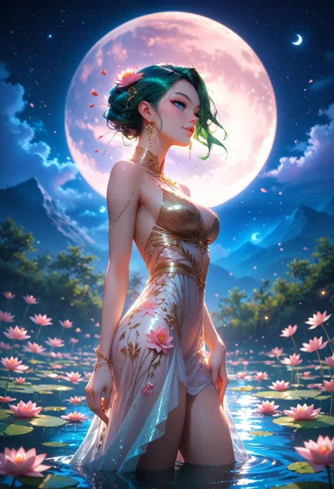 one girl, sexy, dressed in a tight beautiful transparent dress like gauze, beautiful long dark green hair, at night, only moonli...