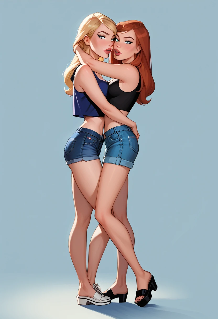 score_9, score_8_up, score_7_up, dcaustyle, source_cartoon, 2girls, duo, (Kara Zor-El, blonde:1.3) and (Barbara Gordon, reddish brown hair:1.2), wearing sexy casual clothes, midriff, wedge, flirt, gaze, sexy look, half-closed eyes, head tilt, filled lips, thick lips, makeup, embracing, side view, (full bodies in view) expressiveh d4rk01l, perfect hands, perfect proportions, simple background.