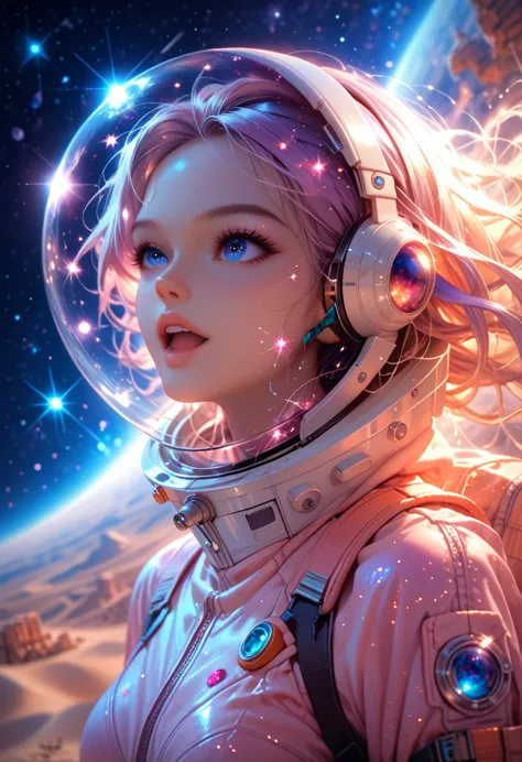 sexy, charming, young woman, cosmos, open face spacesuit, holds a helmet in his hands, on the moon, desert planet, galaxies and ...