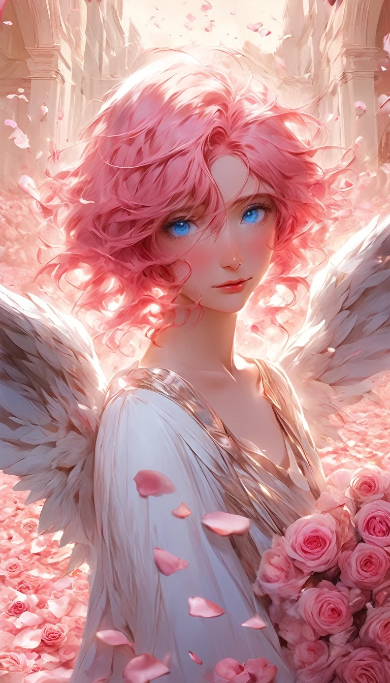 masterpiece、Best Quality、Beautiful anime angel with pink hair and blue eyes surrounded by rose petals