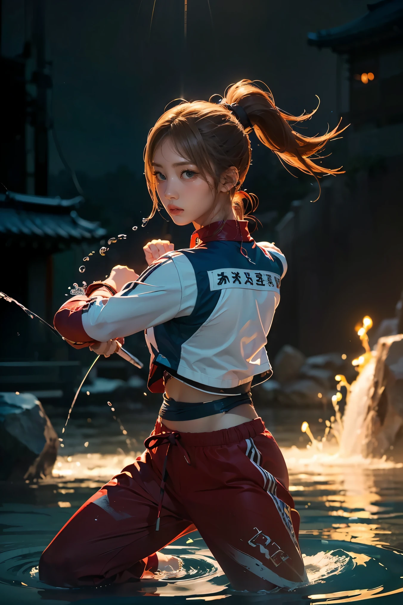 (((Highest quality, 8k, masterpiece:1.3)), 1girl, Fighter pose, (( futuristic Kung Fu Clothing)), Flowing water movement, Sharp Eyes, Toned Body, red, ponytail, track pants, kungfu-styled jacket