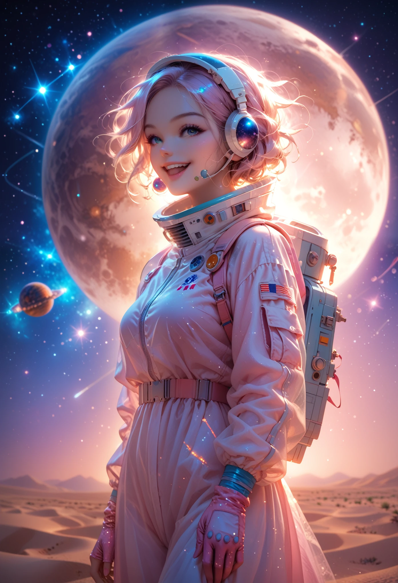 sexy, Charming, young woman, joy on the face, smile, Beautiful Views, stands at full height, Cosmos, Open Face Spacesuit, holds a helmet in his hands, on the moon, Desert Planet, Galaxies and Stars are visible, Beautiful Captivating Colors, Shine, shadows, maximum quality, Full Detailing, SOFT COLORS, Warm Atmosphere,