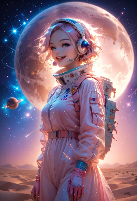 sexy, charming, young woman, joy on the face, smile, beautiful views, stands at full height, cosmos, open face spacesuit, holds ...