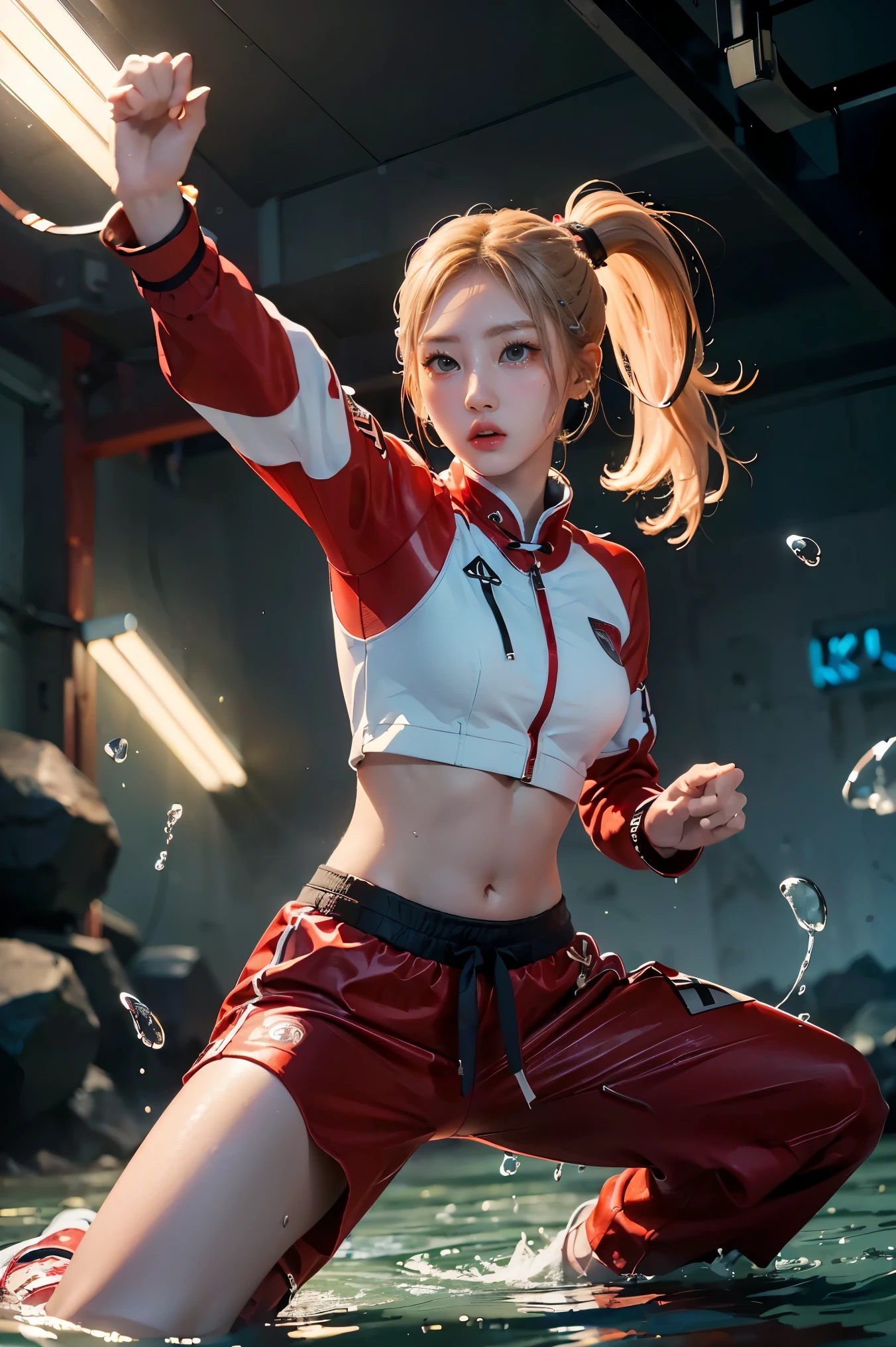 (((Highest quality, 8k, masterpiece:1.3)), 1girl, Fighter pose, (( futuristic Kung Fu Clothing)), Flowing water movement, Sharp Eyes, Toned Body, red, ponytail, track pants, kungfu-styled jacket