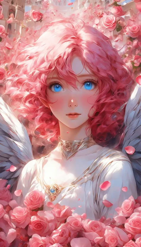 masterpiece、best quality、beautiful anime angel with pink hair and blue eyes surrounded by rose petals