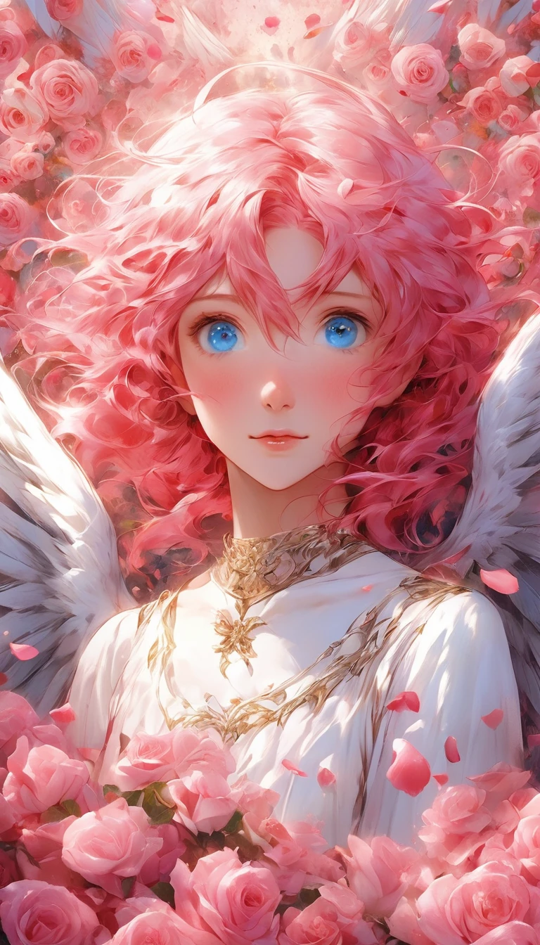 masterpiece、Best Quality、Beautiful anime angel with pink hair and blue eyes surrounded by rose petals