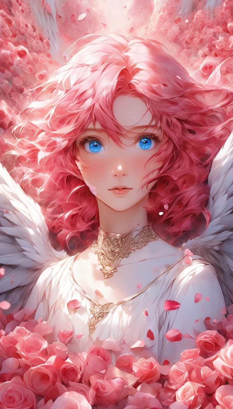 masterpiece、Best Quality、Beautiful anime angel with pink hair and blue eyes surrounded by rose petals