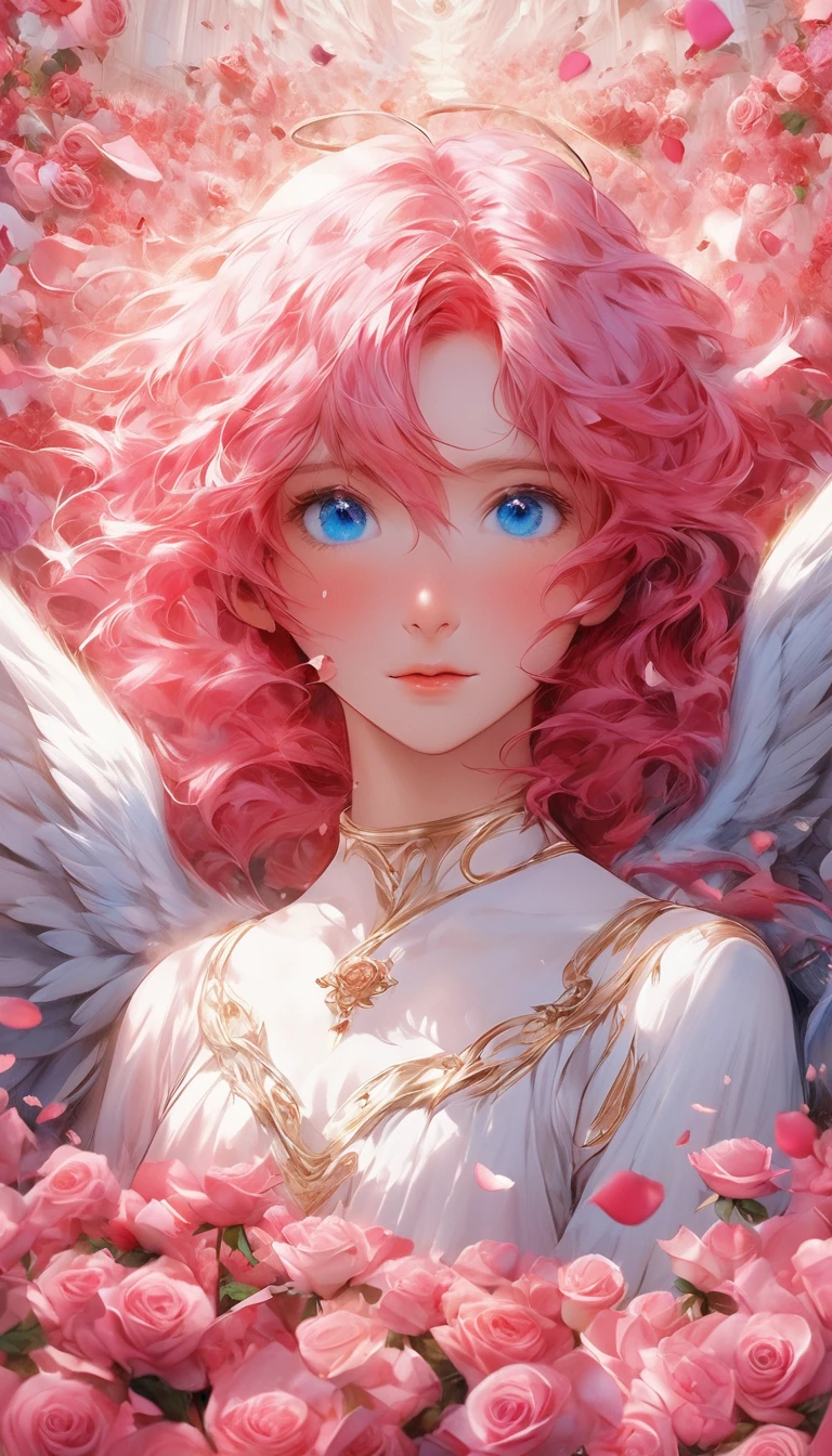 masterpiece、Best Quality、Beautiful anime angel with pink hair and blue eyes surrounded by rose petals