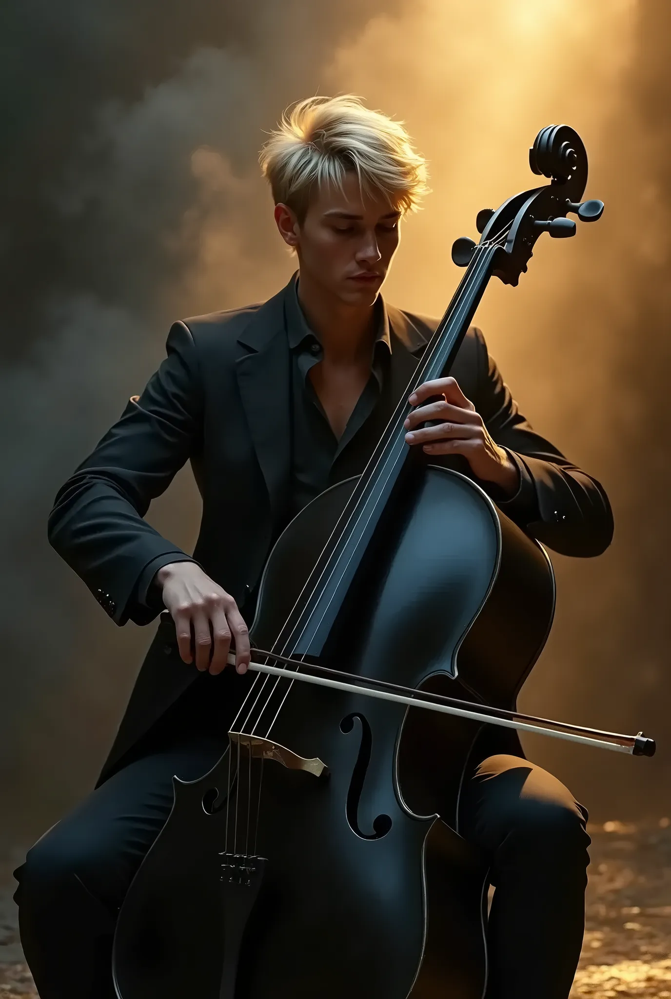  ( Exactly correct anatomy for perfect fingers )a blonde(short hair)Very detailed young handsome musician(Musician Qi Xiao)He is playing a black cello affectionately, with a dark background, golden light and thick smoke, movie lighting, the god of music, ethereal and dreamy, an airbrush digital oil painting art master&#39;s work