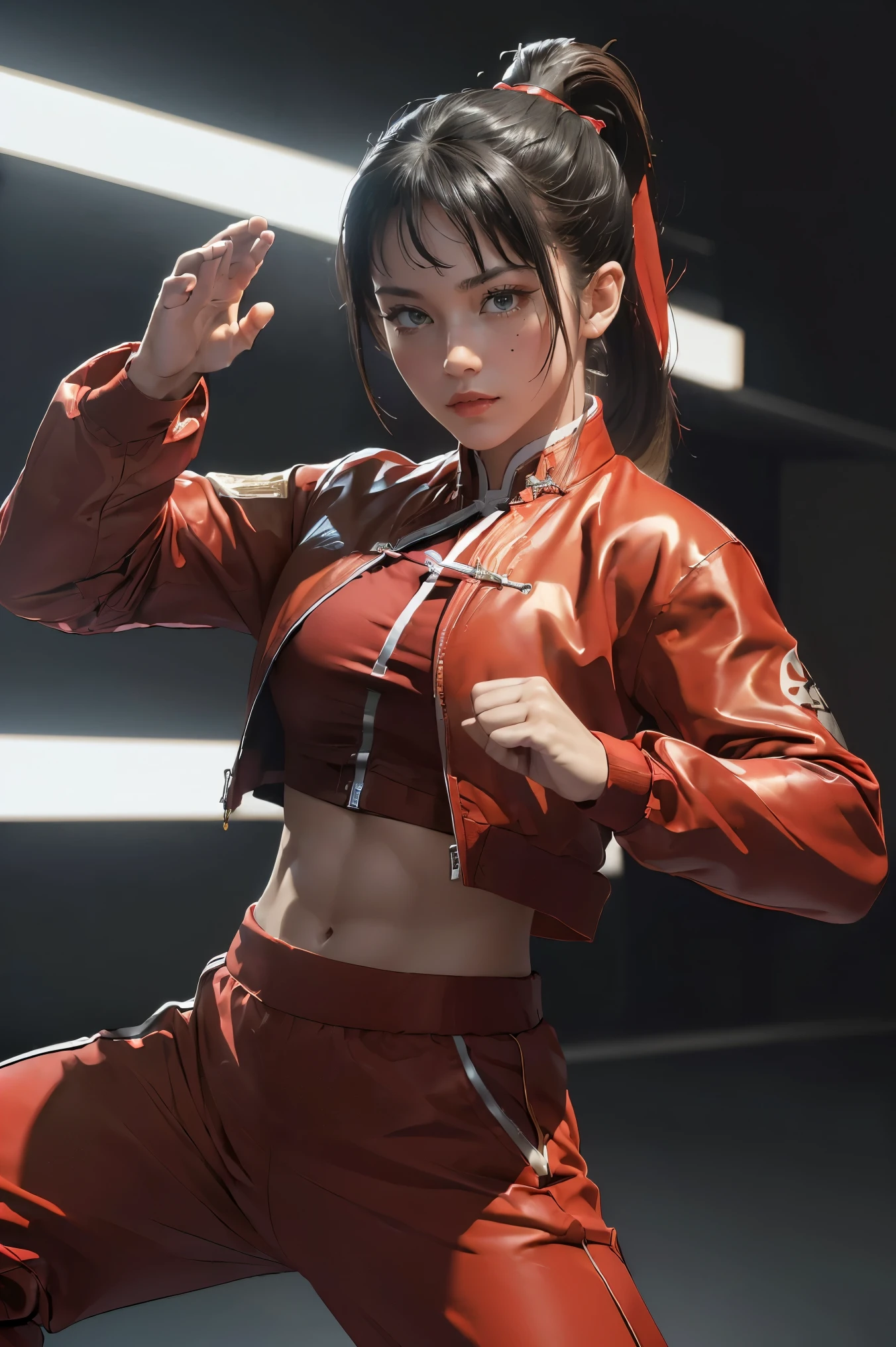 (((Highest quality, 8k, masterpiece:1.3)), 1girl, Fighter pose, (( futuristic Kung Fu Clothing)), Toned Body, red, ponytail, track pants, kungfu-styled jacket