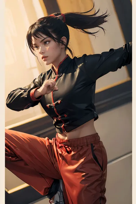 (((highest quality, 8k, masterpiece:1.3)), 1girl, fighter pose, (( futuristic kung fu clothing)), toned body, red, ponytail, tra...