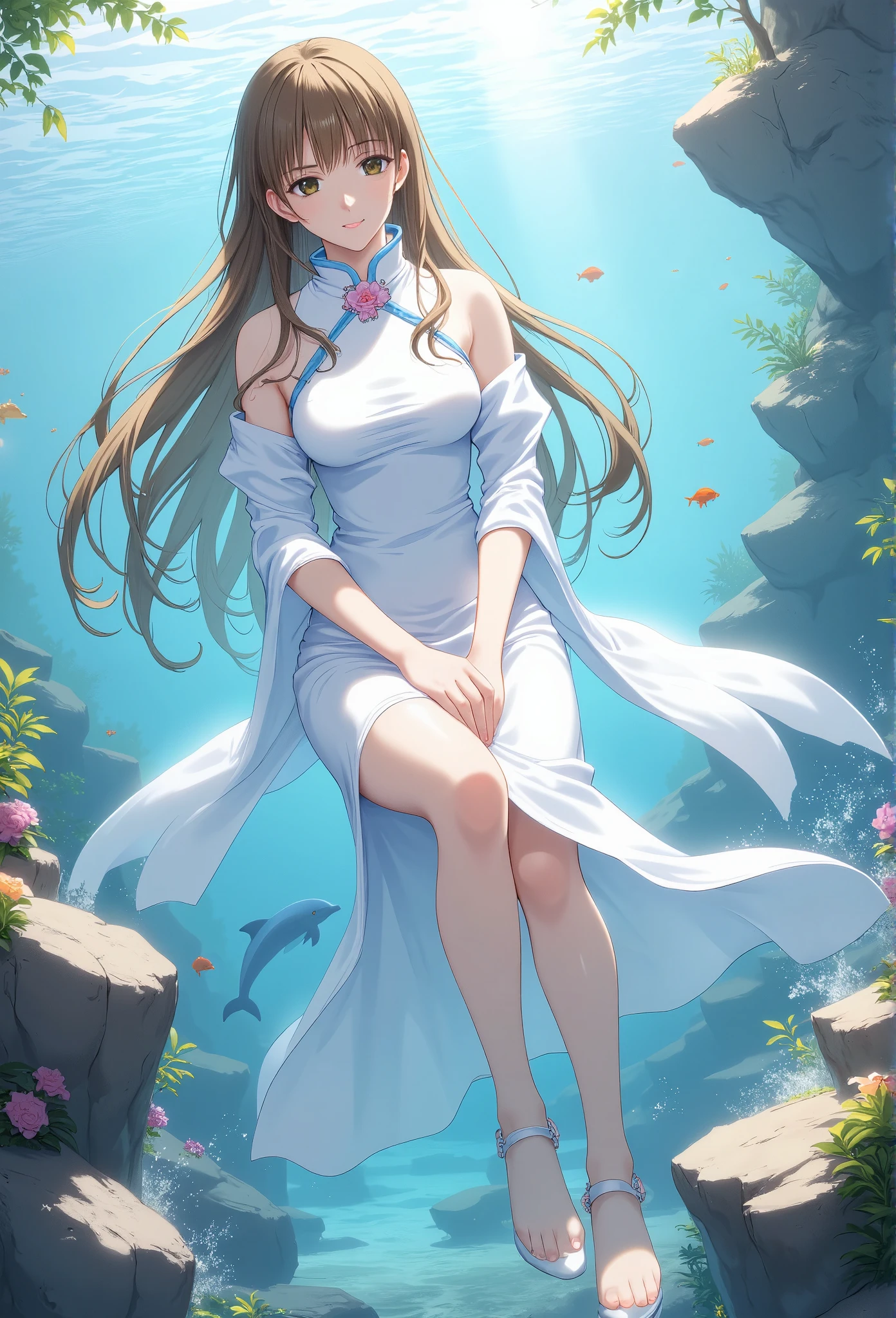 (Best Quality、Ultra-high resolution、８ｋ、Masterpiece:1.3)、Light brown hair、Long Hair、White Chinese Dress、Stole、Floral breast brooch、slit,　In the water、Floating in water、Beautiful figure、Beautiful Landscape、Fish on background、In the sea、Dolphin、Full Body,The water surface is visible above、