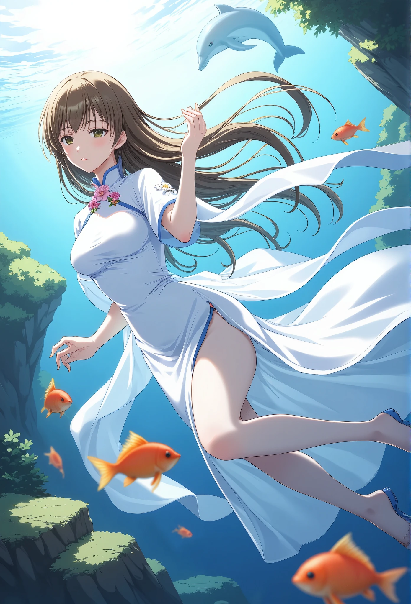 (Best Quality、Ultra-high resolution、８ｋ、Masterpiece:1.3)、Light brown hair、Long Hair、White Chinese Dress、Stole、Floral breast brooch、slit,　In the water、Floating in water、Beautiful figure、Beautiful Landscape、Fish on background、In the sea、Dolphin、Full Body,The water surface is visible above、