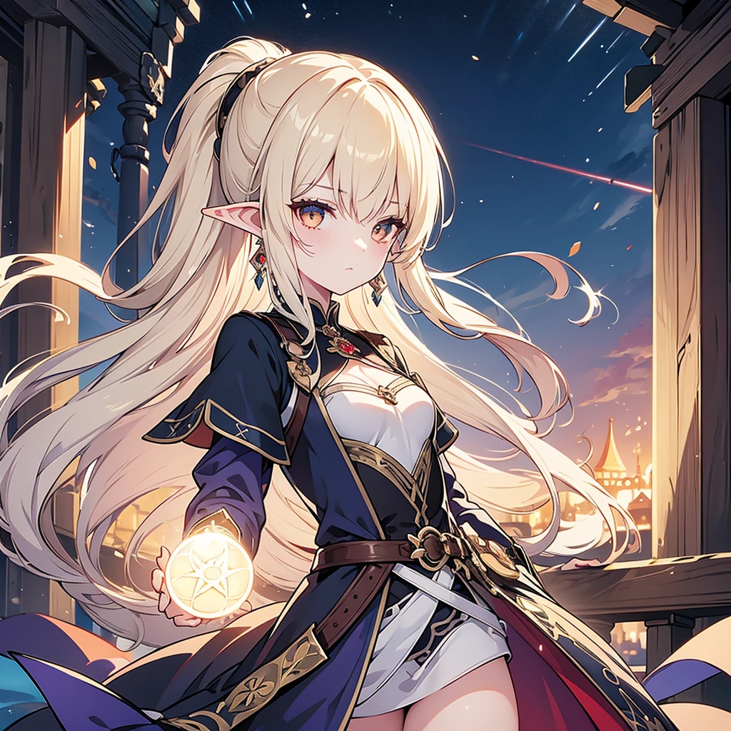 Eye patch、Witch costume、elf、grimoire、magic circle、A look that seems to be relaxed、Long Hair, chest, Blonde, ponytail, Pointy Ears, Highest quality, Snap your fingers、One Woman, Detailed face, Soft Lighting, Soft Light, Soft Focus, Perfect Face, Beautiful and accurate anatomy, Expose too much, 8k, 4K, (High resolution:1.1), Best Quality, (masterpiece:1.3), One girl, alone, jewelry, brown eyesSee viewers, Earrings on only one ear、Beautiful woman、Medieval streetscape、Night view、Shining magic circle