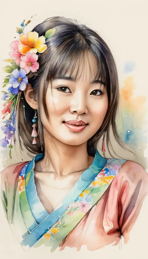 pencil sketch of a beautiful  asian woman 30 years grande fée avec un châle long coloré et plein coulant orné de fleurs multicol...