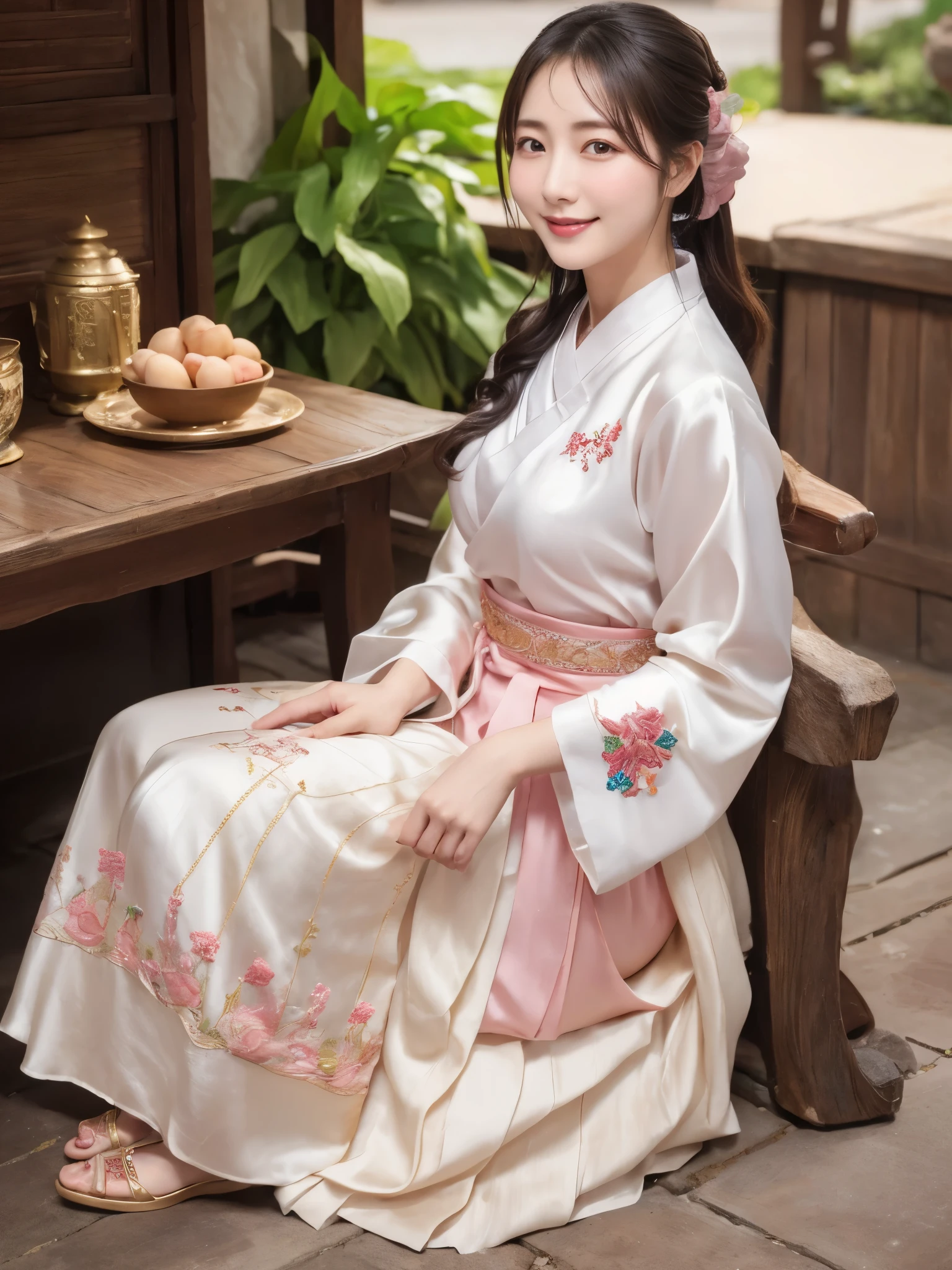 ((real photos:1.3)),((Super detailed)),((sharp:1.5)),1 female, A Korean-style woman walks around the palace，Smiling face。A woman wearing hanbok，Beautiful breast shape,Hair tied up and fixed with hostas，Makeup，fair complexion and light pink lips，Wearing a beautifully embroidered bright 저고리，Wide sleeves，I took off half of it and saw the beautiful breasts and nipples,Pair it with a flowing 치마 skirt in a contrasting color，Wearing traditional flat silk shoes，soft light，Ultra-high realism --style raw --s 400 --ar 4:3 -- in 6