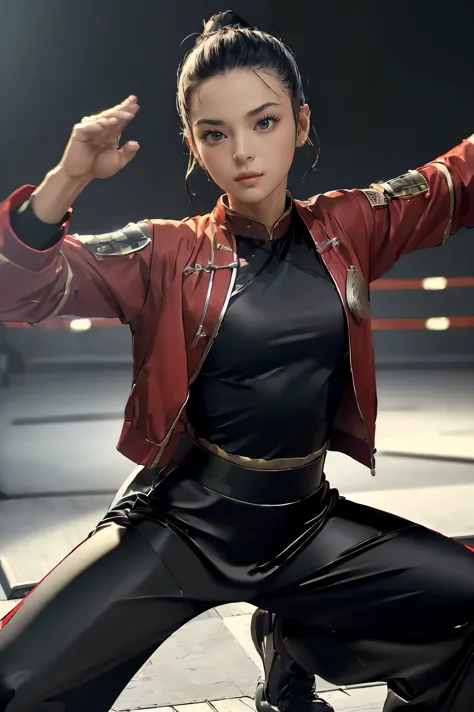 (((highest quality, 8k, masterpiece:1.3)), 1girl, ((futuristic kung fu clothing)), toned body,  black track pants, red kungfu-st...