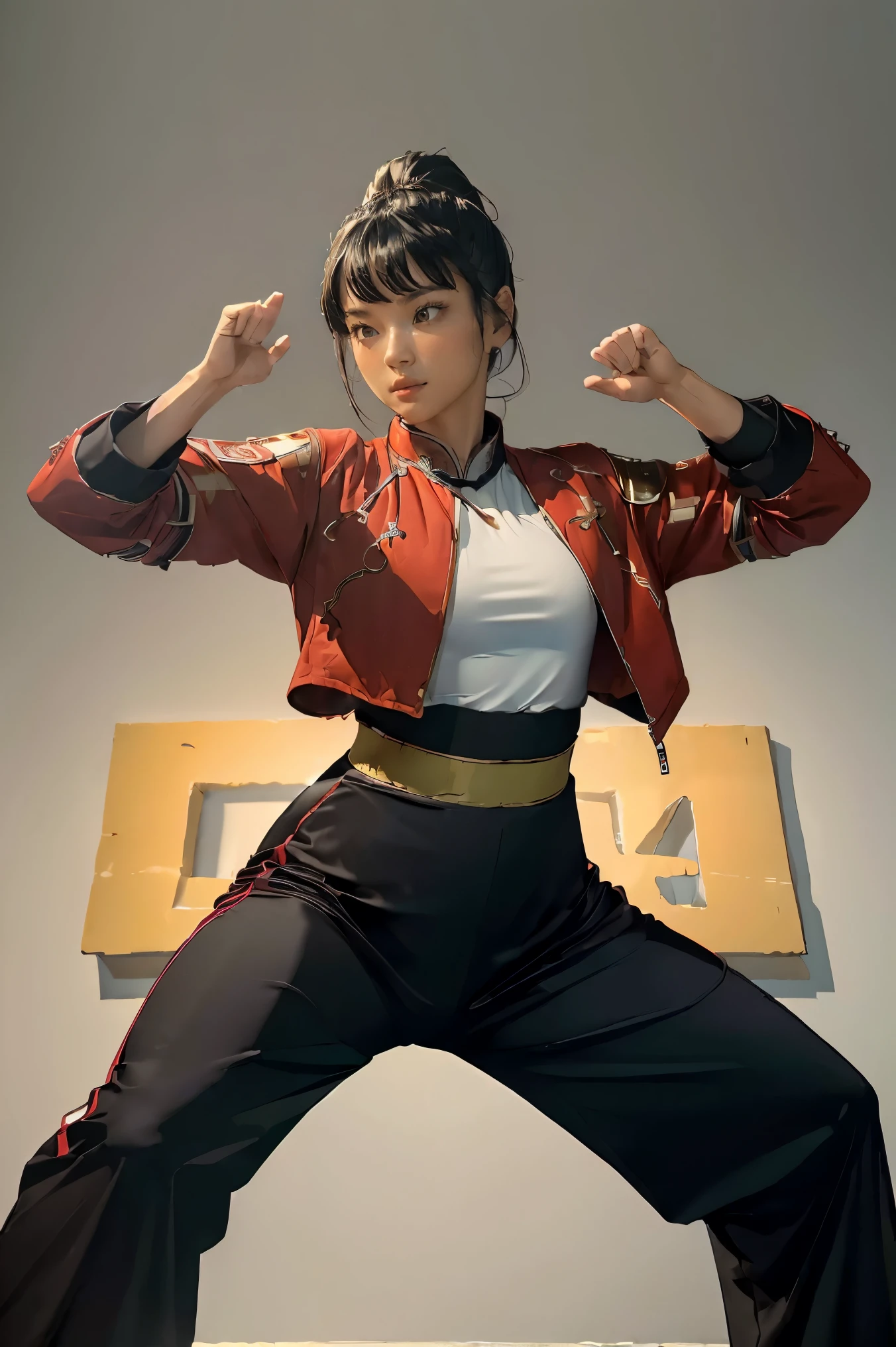 (((Highest quality, 8k, masterpiece:1.3)), 1girl, ((futuristic Kung Fu Clothing)), Toned Body,  black track pants, red kungfu-styled jacket, Looking at the viewer, dynamic pose, model pose,