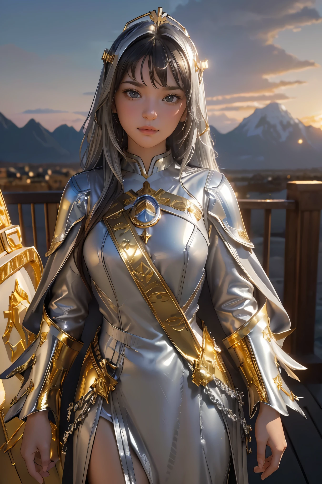 ((masterpiece, best quality, extremely detailed), volumetric lighting, ambient occlusion, colorful, glowing), 1girl, solo, young girl, (dark hair), long hair, halo, aura, sacred, goddess, cleric suit, (silver outfit with gold detailst:1.3), armor, outdoors, sunset, sky, clouds, space, (fantasy theme:1.2),